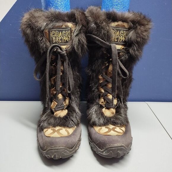Coach Jennie Signature Winter Boots Womens Sz 9.5 Brown Black Rabbit Fur Lace Up - Picture 2 of 15